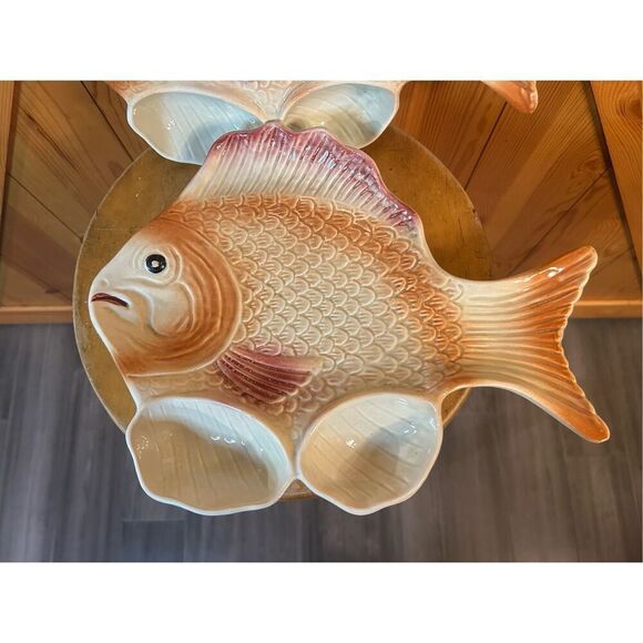 Vintage Ceramic FISH Serving Trays or Platters w Built In Sauce Cups (8864) - Picture 2 of 7